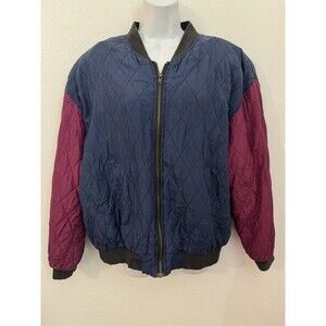 Bogari Vintage 100% Silk bomber jacket women Large Full Zip Purple Navy 80s 90s
